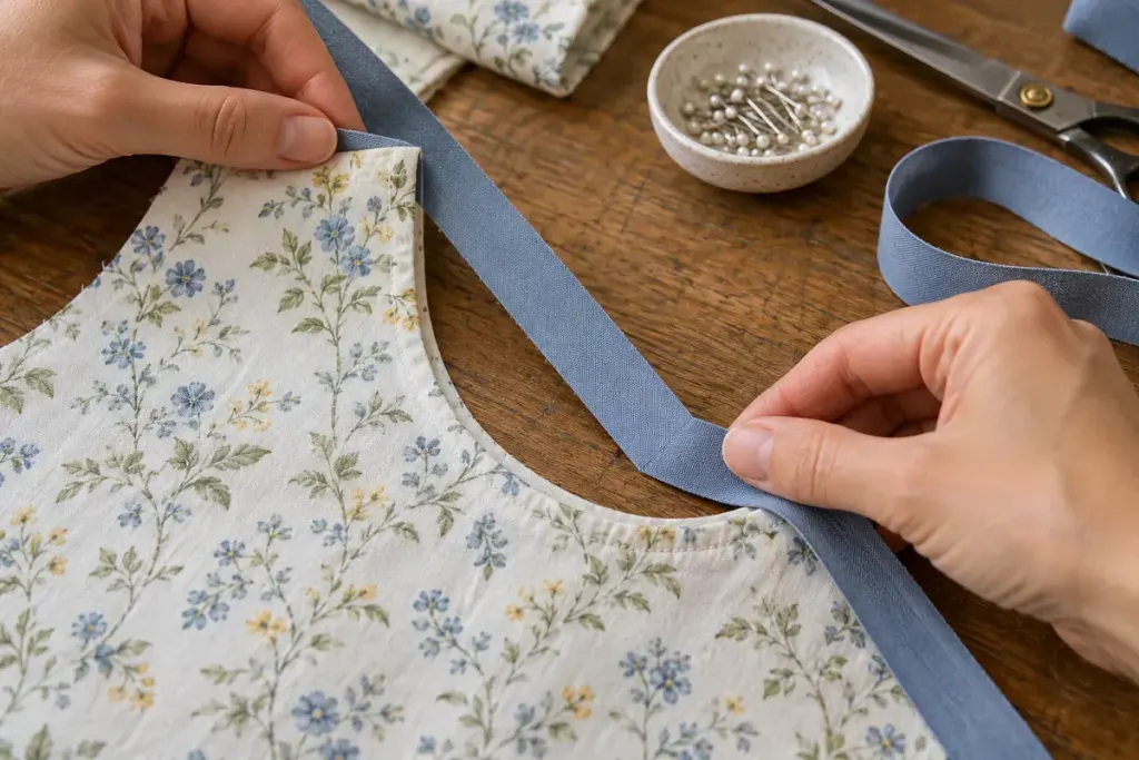 Close view of hands arranging a diagonal fabric strip beside a curved cotton neckline on a sewing table.