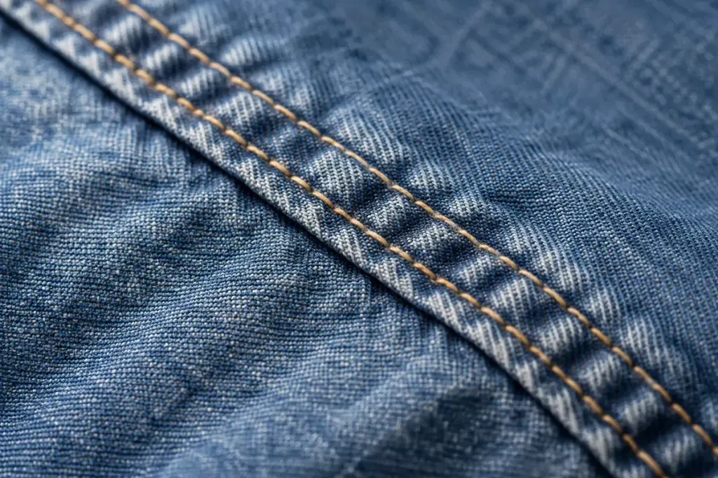 Close macro photograph of two parallel rows of stitching on the flat felled seam of a denim shirt.
