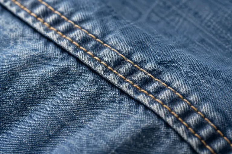 Close macro photograph of two parallel rows of stitching on the flat felled seam of a denim shirt.