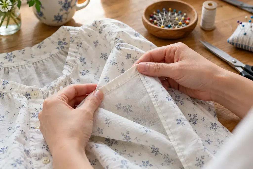 Hands examining an enclosed seam in a lightweight floral garment.