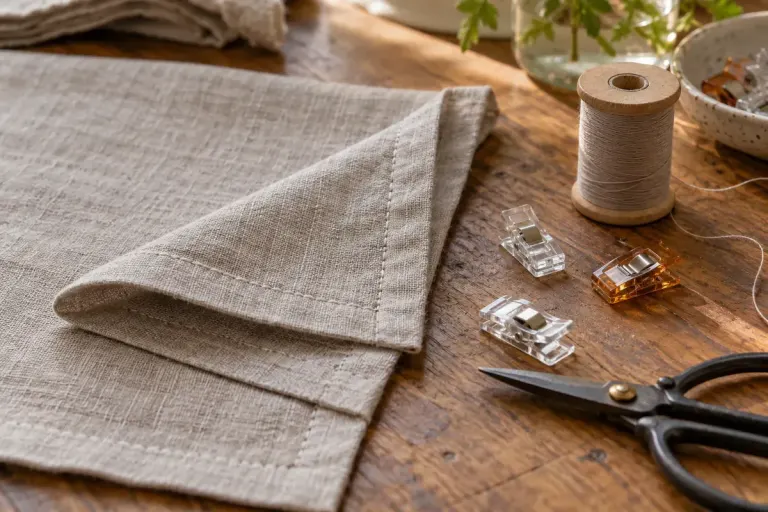 A folded linen napkin beside thread and sewing clips.