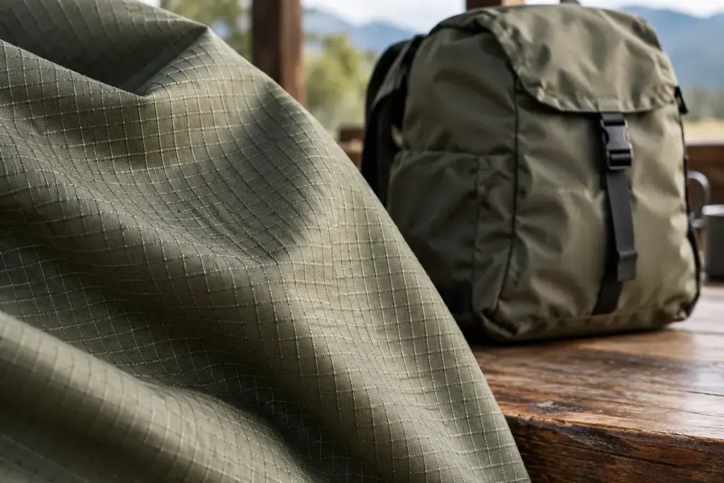 Close-up of lightweight ripstop fabric with a visible woven square grid beside a plain outdoor bag on a table.