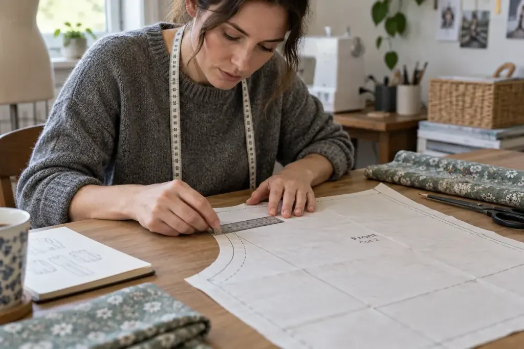 A sewing enthusiast measuring a paper pattern seam allowance with a small ruler.