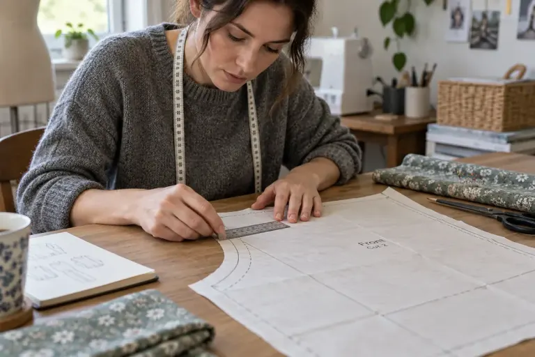 A sewing enthusiast measuring a paper pattern seam allowance with a small ruler.