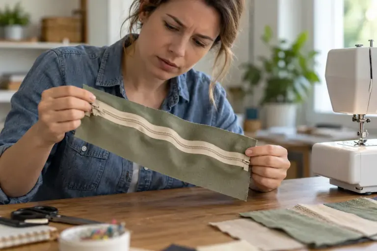 A sewing enthusiast inspecting a wavy zipper in a fabric test sample beside a sewing machine.