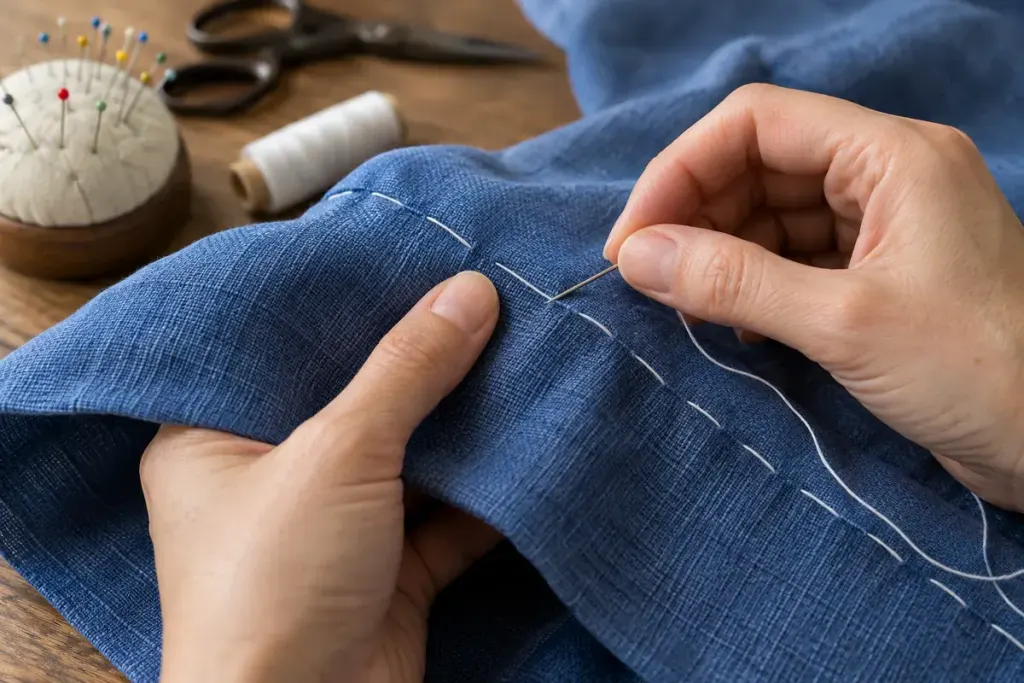 Close-up hands sewing long temporary basting stitches into plain blue fabric.
