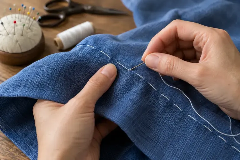Close-up hands sewing long temporary basting stitches into plain blue fabric.