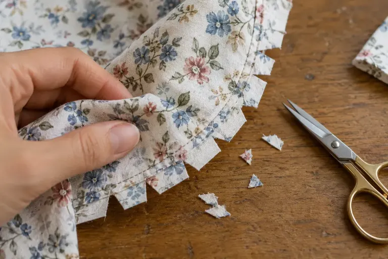 A curved fabric seam with carefully cut seam allowance and small sewing scissors.
