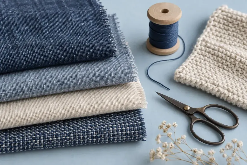 Layered fabric swatches with thread and scissors
