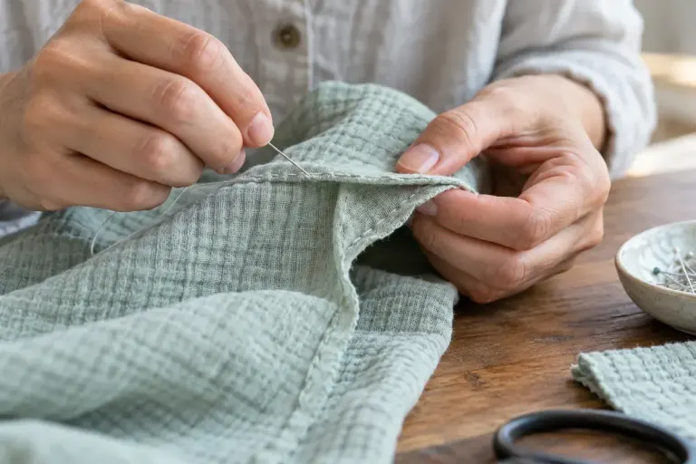 Sewing close-up of soft double gauze fabric showing two loosely joined layers.