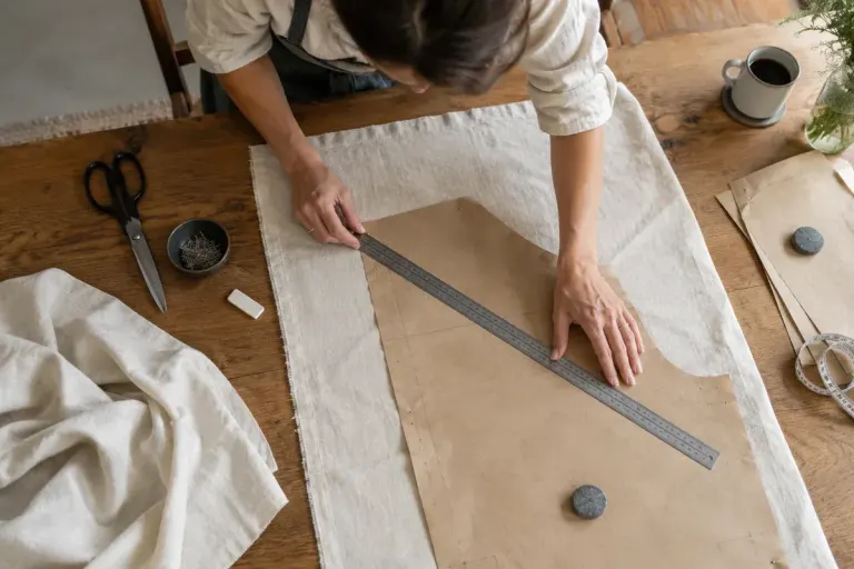 Dressmaker aligning a paper pattern on plain woven cotton with a ruler, overhead natural-light photograph.