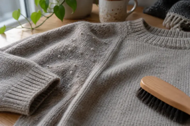 Macro texture of two sections of a wool jumper, one with small surface pills, a garment-care brush nearby.