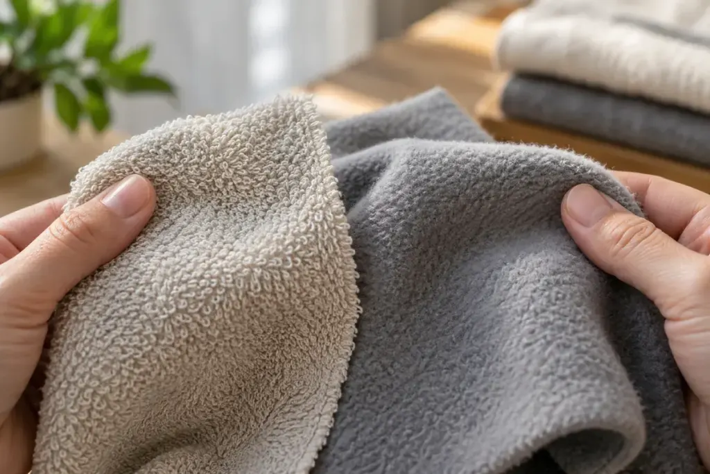 Two fabric swatches showing looped terry and brushed fleece backs.