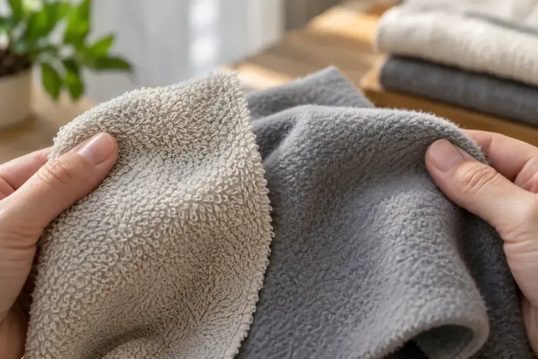 Two fabric swatches showing looped terry and brushed fleece backs.