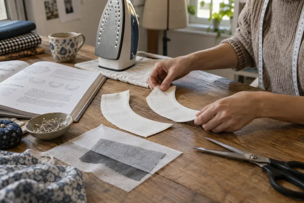 Sewing workspace with cotton collar pieces, fusible interfacing swatches and an unplugged iron resting upright, close natural fabric texture.