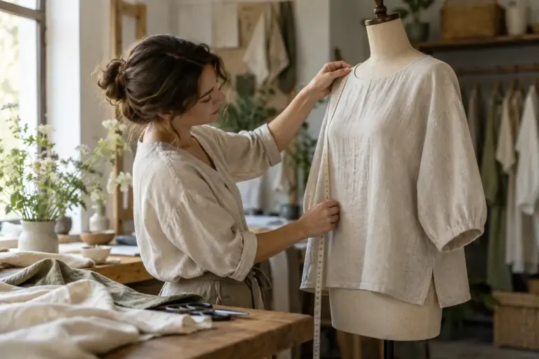 A dressmaker measuring a loose plain linen blouse on a dress form.