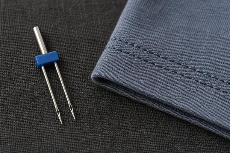 A loose twin needle beside two parallel rows of stitching on a jersey hem.
