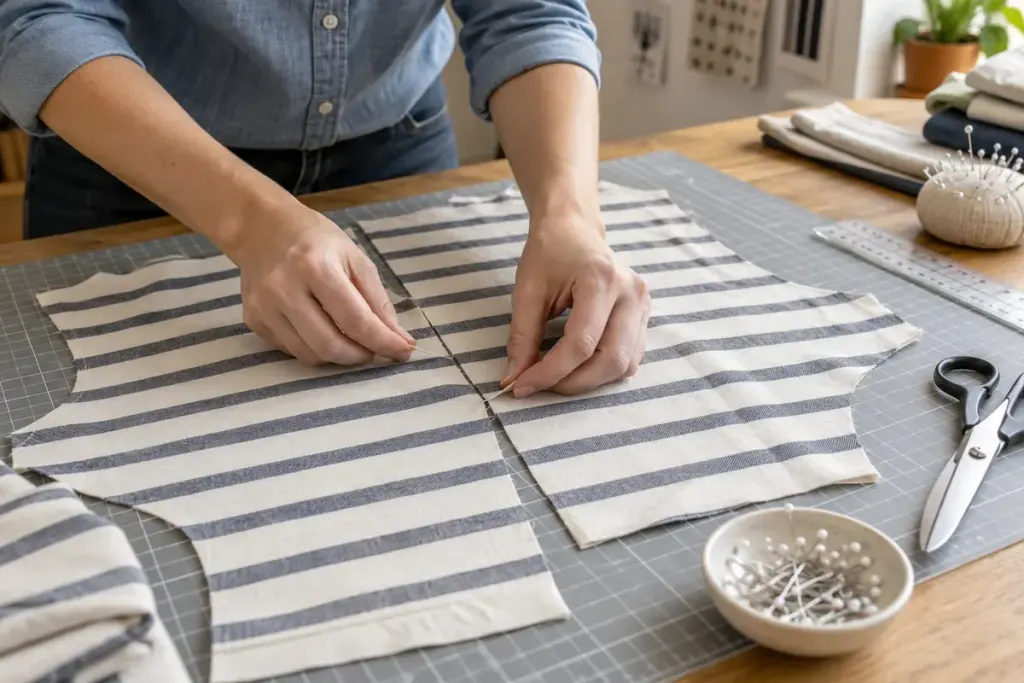 A sewist aligning striped cotton pattern pieces on a cutting table.