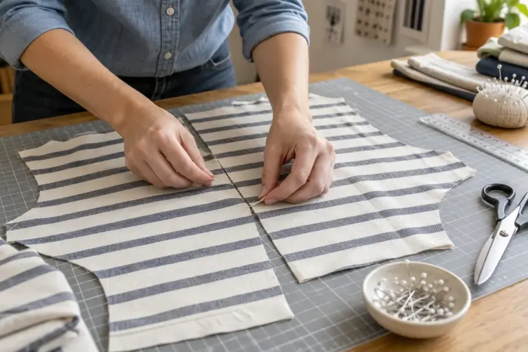 A sewist aligning striped cotton pattern pieces on a cutting table.