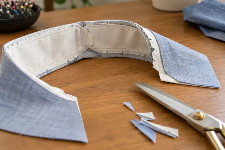 Close view of a sewn cotton collar turned inside out with layered seam allowances and sewing scissors.