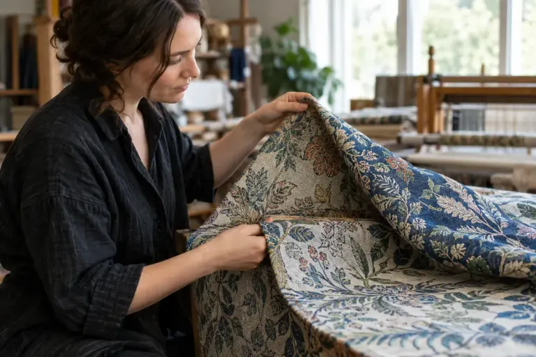 A textile maker examining both sides of an intricate jacquard fabric under natural light.