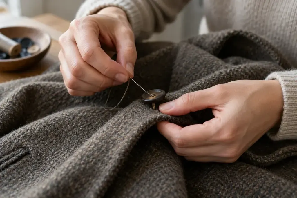 Close up of hands sewing a button with a small thread shank onto a wool coat sample.