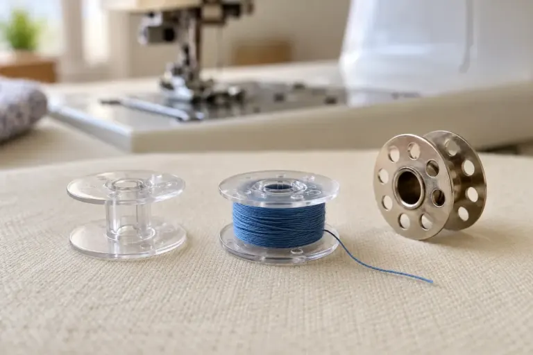 Different sewing bobbins beside a domestic sewing machine.