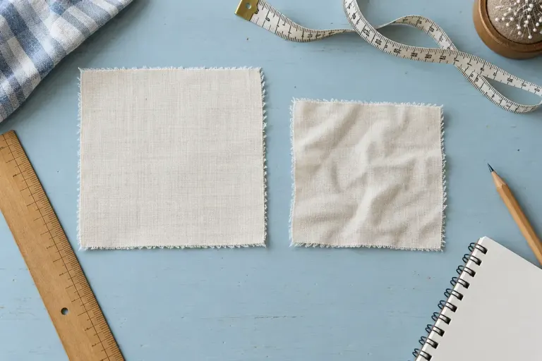 Two fabric swatches beside measuring tools before and after washing.