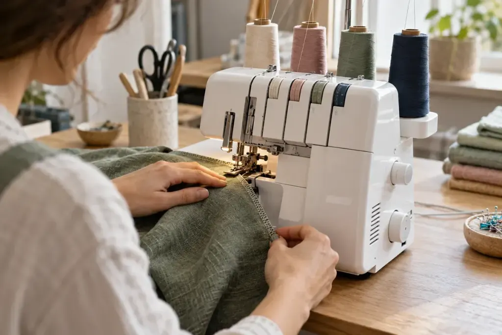 Close view of fabric feeding through an overlocker with four thread cones on a tidy sewing table.