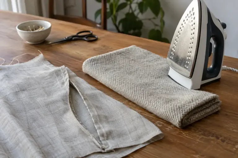 An iron beside fabric samples with pressed seam allowances.