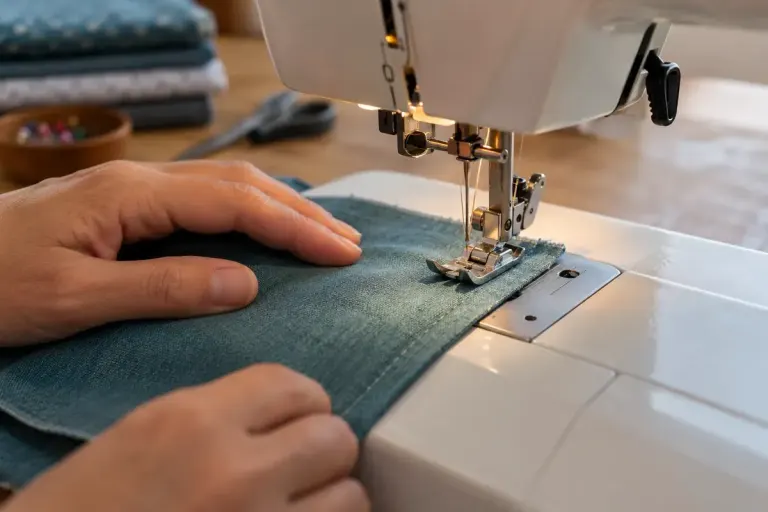 Sewing machine foot feeding a fabric swatch at a sewing table.