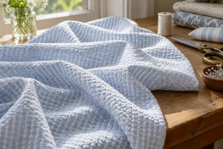 Blue and white seersucker fabric with a puckered surface.