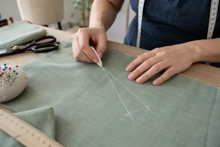 A dressmaker marking a triangular dart on plain woven cotton fabric.