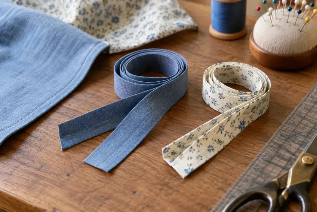 Two folded cotton bias tapes beside sewing fabric and ruler.