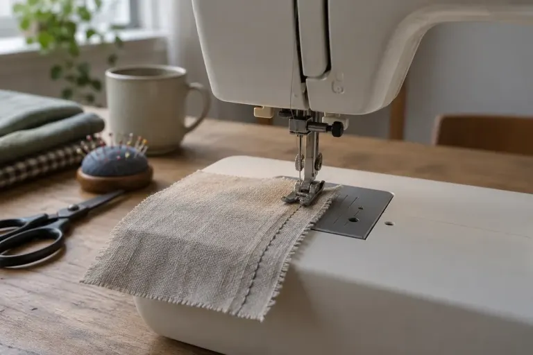 A sewing machine needle above a woven fabric test swatch with a visible line of stitches, machine switched off.