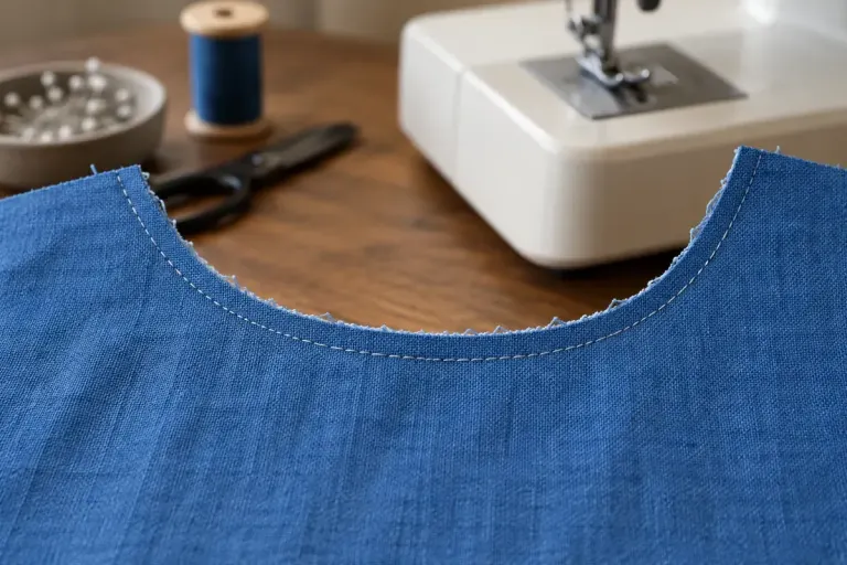 A row of staystitching follows the raw curved edge of blue woven fabric.