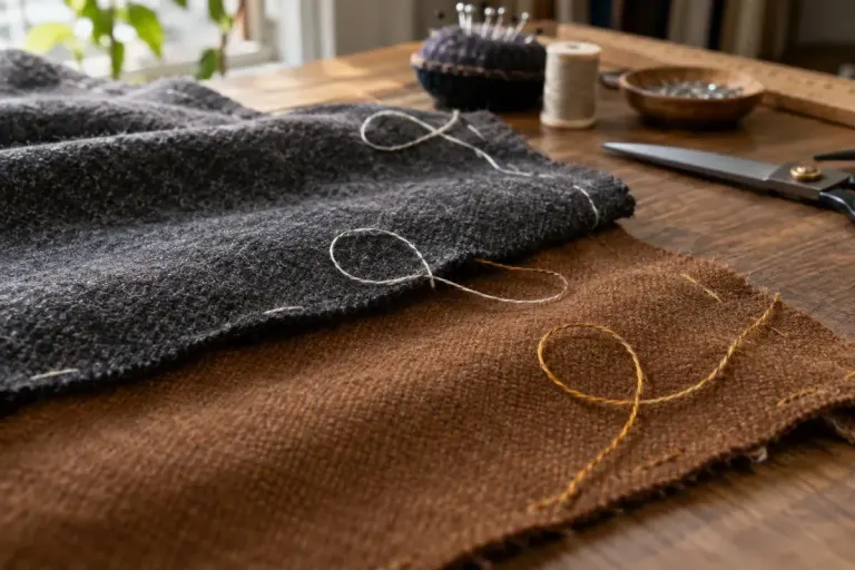Loose contrasting thread loops marking two layers of wool fabric on a sewing table.