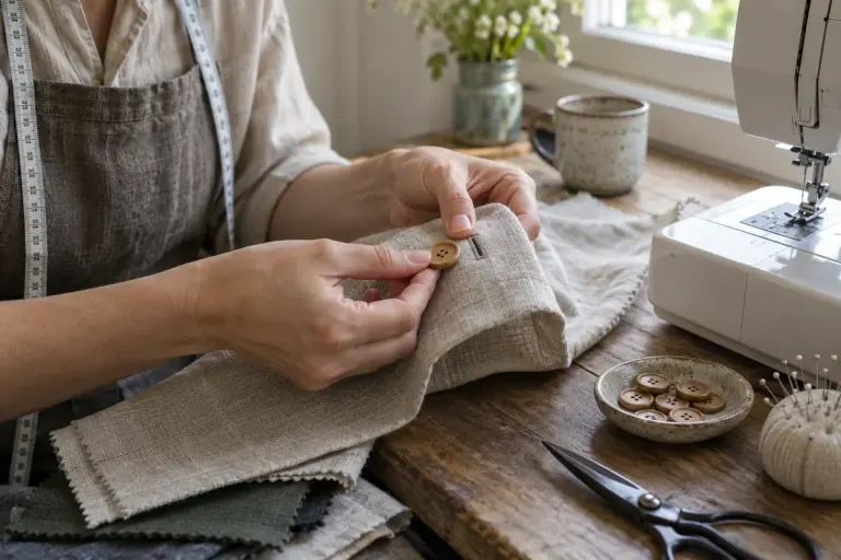 A dressmaker testing a wooden button in a stitched buttonhole on a folded linen fabric sample beside a sewing machine.
