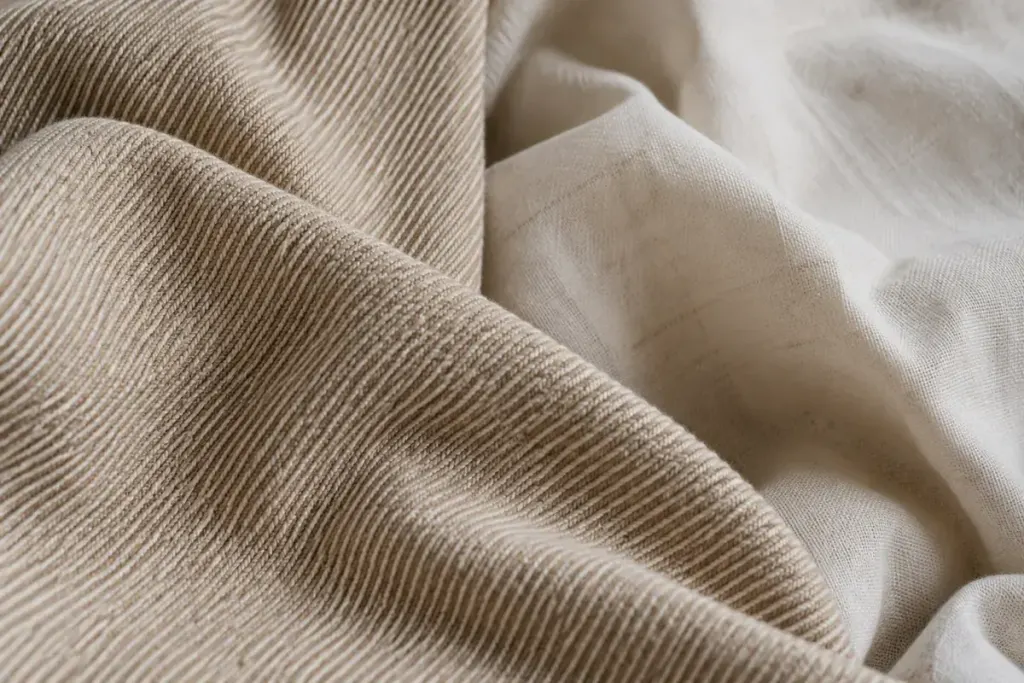Macro photograph of beige twill fabric beside plain cotton cloth, diagonal textile ribs visible.