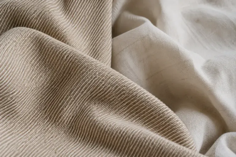 Macro photograph of beige twill fabric beside plain cotton cloth, diagonal textile ribs visible.