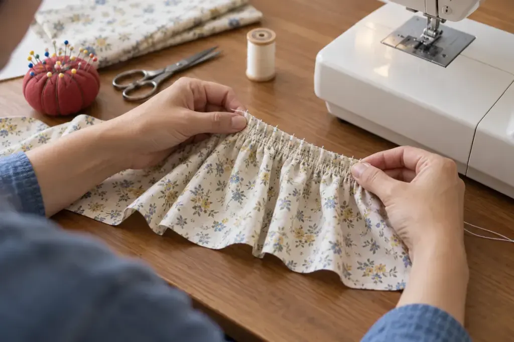 Hands distributing gathers along two parallel basting rows in a cotton ruffle beside a sewing machine.