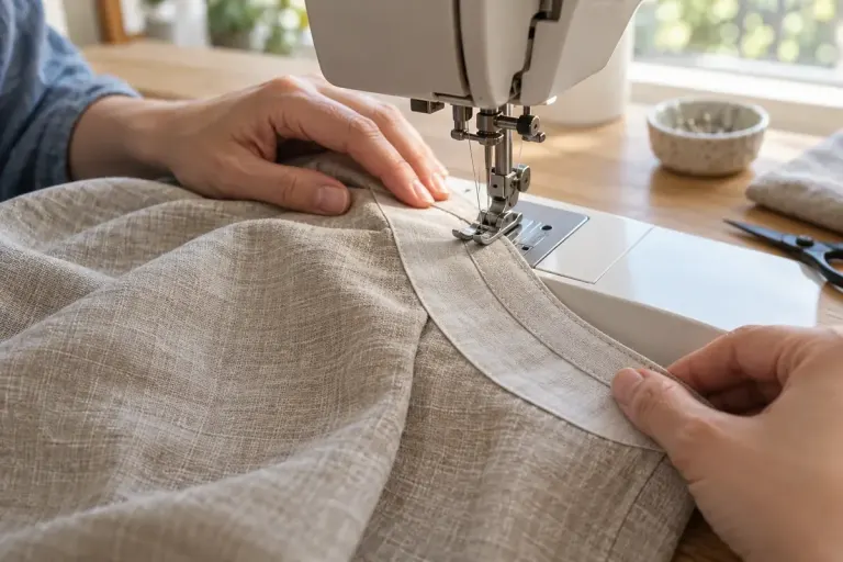 Close up of a garment facing being guided beneath a sewing machine foot, natural linen cloth and neat stitching.