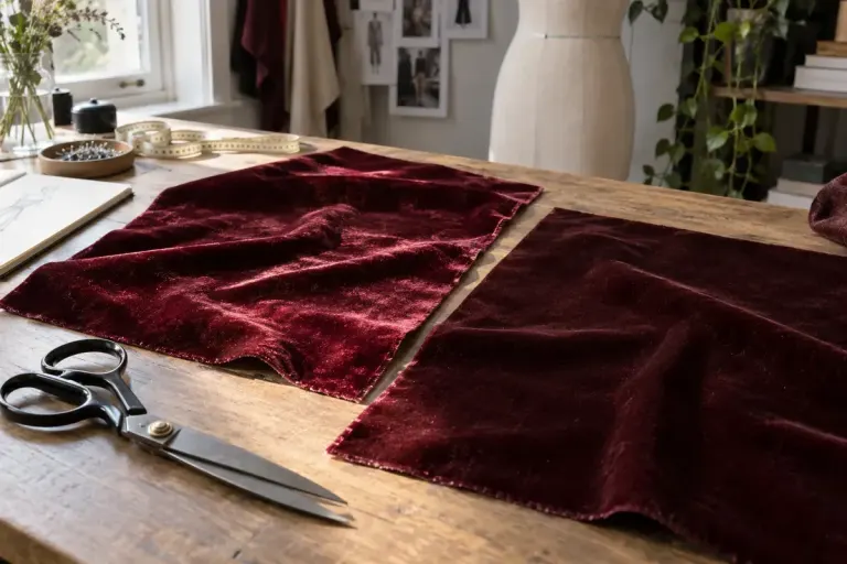 Two burgundy velvet swatches reflecting light differently beside dressmaking shears on a large table.