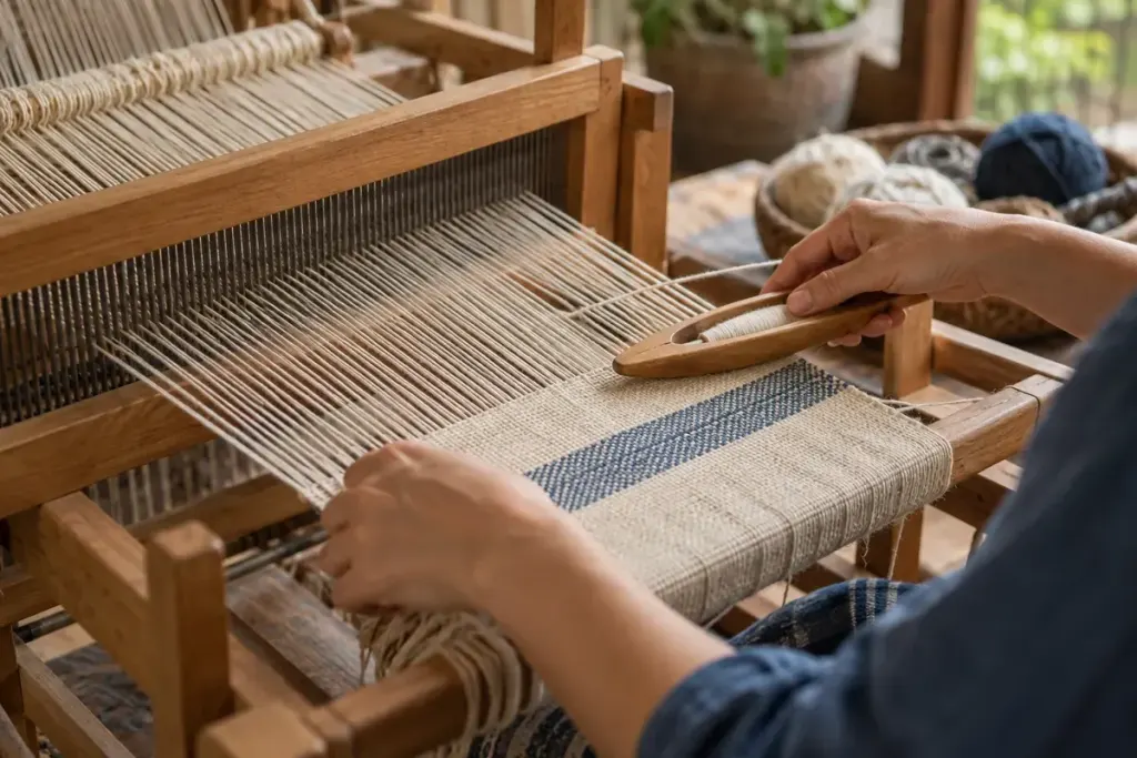 A close view of a small handloom with clear perpendicular threads and a woven cotton sample.