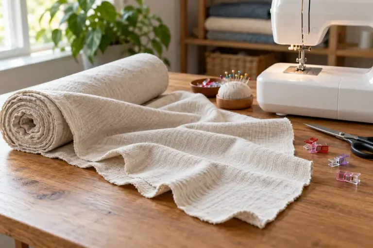 Unfinished cotton jersey fabric with naturally curled edges beside fabric clips and a domestic sewing machine.